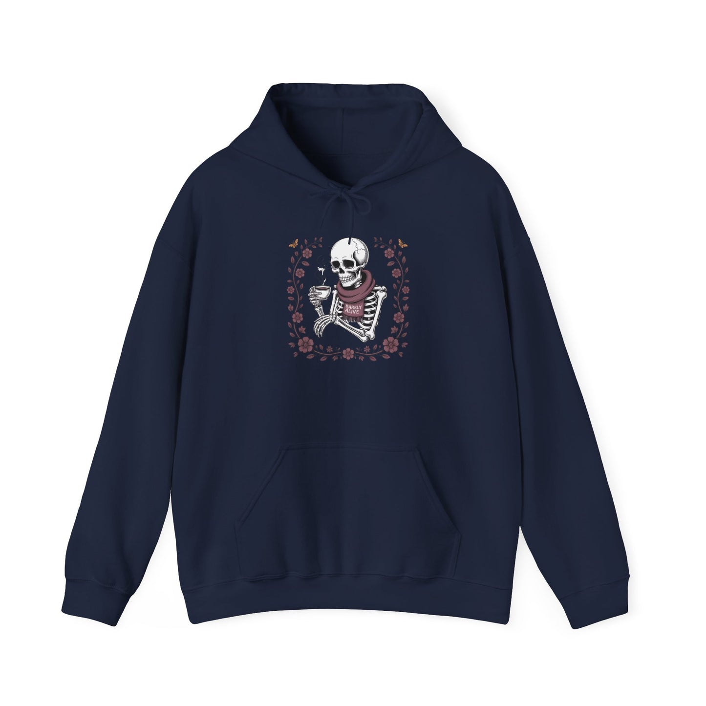 Skeleton Drinking Coffee Hoodie — Vintage Floral Skull Sweatshirt
