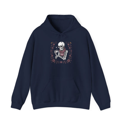 Skeleton Drinking Coffee Hoodie — Vintage Floral Skull Sweatshirt
