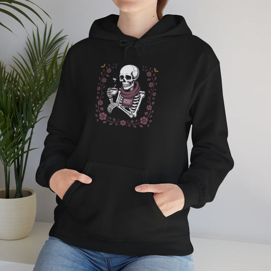 Skeleton Drinking Coffee Hoodie — Vintage Floral Skull Sweatshirt